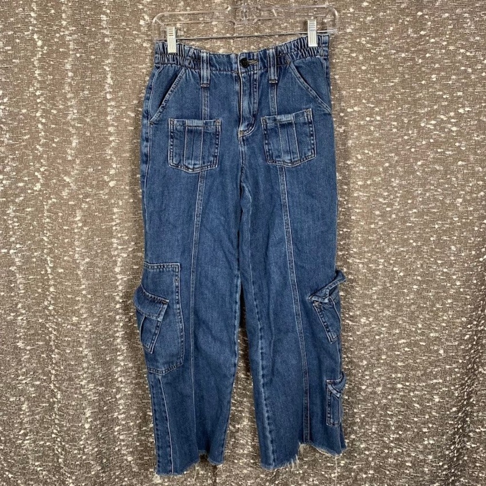 BDG Urban Outfitters Blue Denim Cargo Wide Leg Jeans Raw Hem Women's 25
